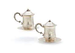 A pair of German silver coloured sahlep cups, covers and saucers for the Ottoman market by Lutz & We