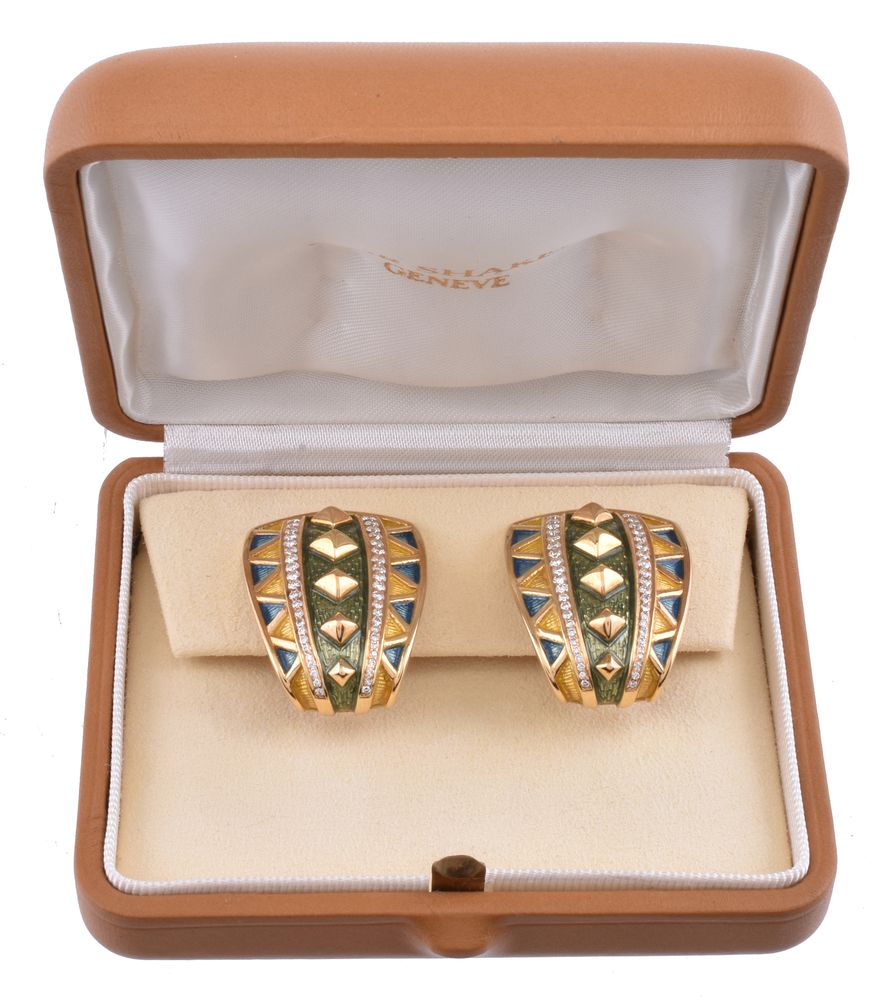 A pair of 18 carat gold, enamel and diamond earrings by Leo De Vroomen for Amr Shaker - Image 2 of 2