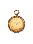 A gold coloured, half pearl and ruby set pocket watch