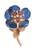 A 1960s French enamel, diamond and ruby en tremblant flower brooch
