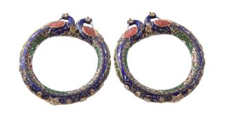 A pair of Jaipur enamel and diamond peacock bangles (Kada)