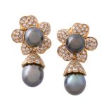 A pair of Tahitian cultured pearl and diamond earrings