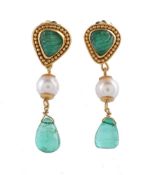 A pair of emerald and cultured pearl earrings