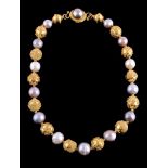 A South Sea cultured pearl, Tahitian cultured pearl and Etruscan style granulation necklace by Natal