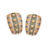 A pair of 18 carat gold, enamel and diamond earrings by Leo De Vroomen for Amr Shaker