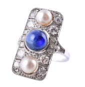 A sapphire, diamond and pearl panel ring