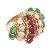 A 1970s diamond, ruby and emerald bombé dress ring