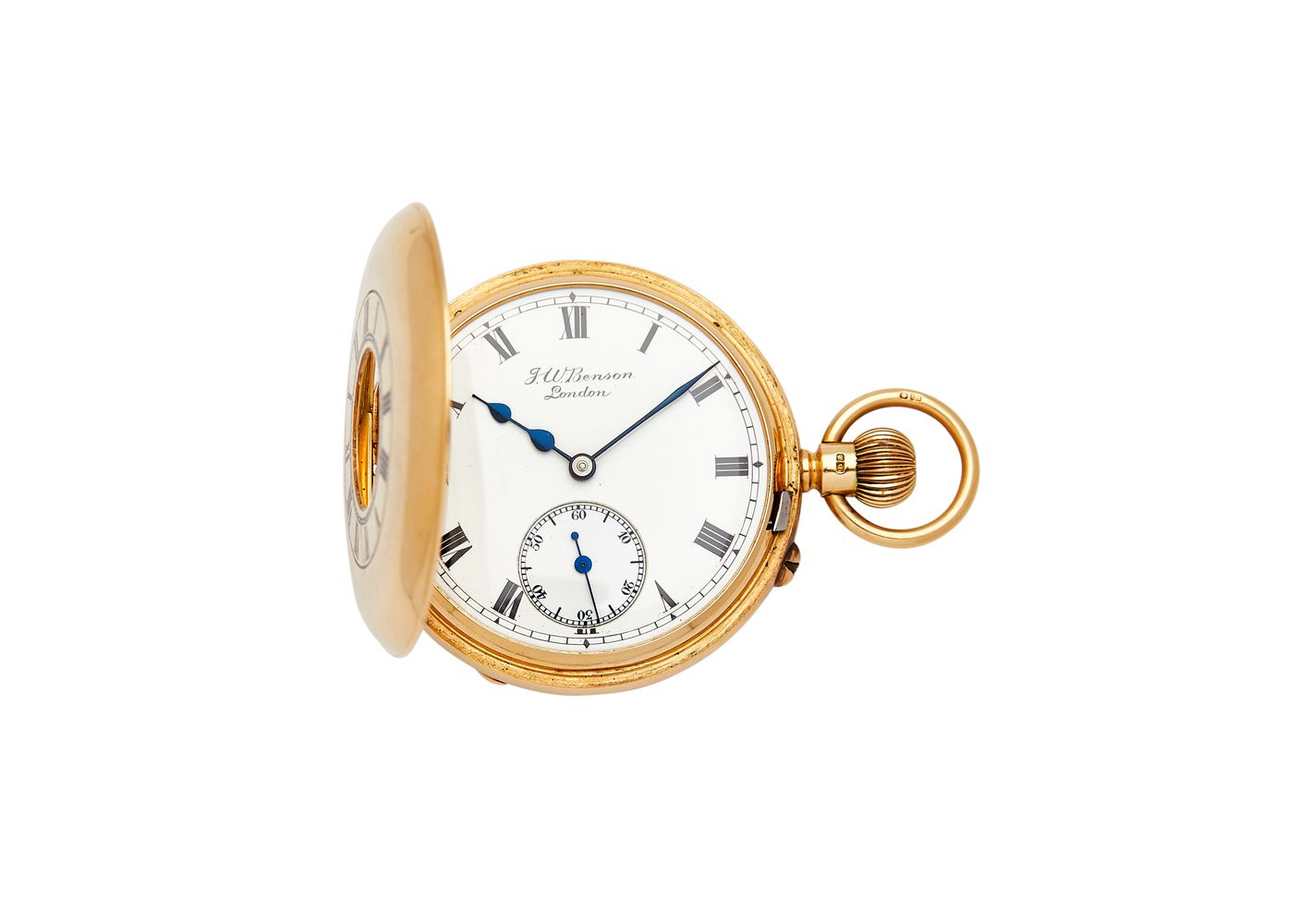 J. W. Benson, London, an 18 carat gold half hunter keyless wind pocket watch