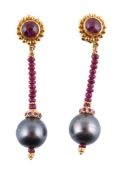A pair of Tahitian cultured pearl and ruby drop earrings by Natalia Josca