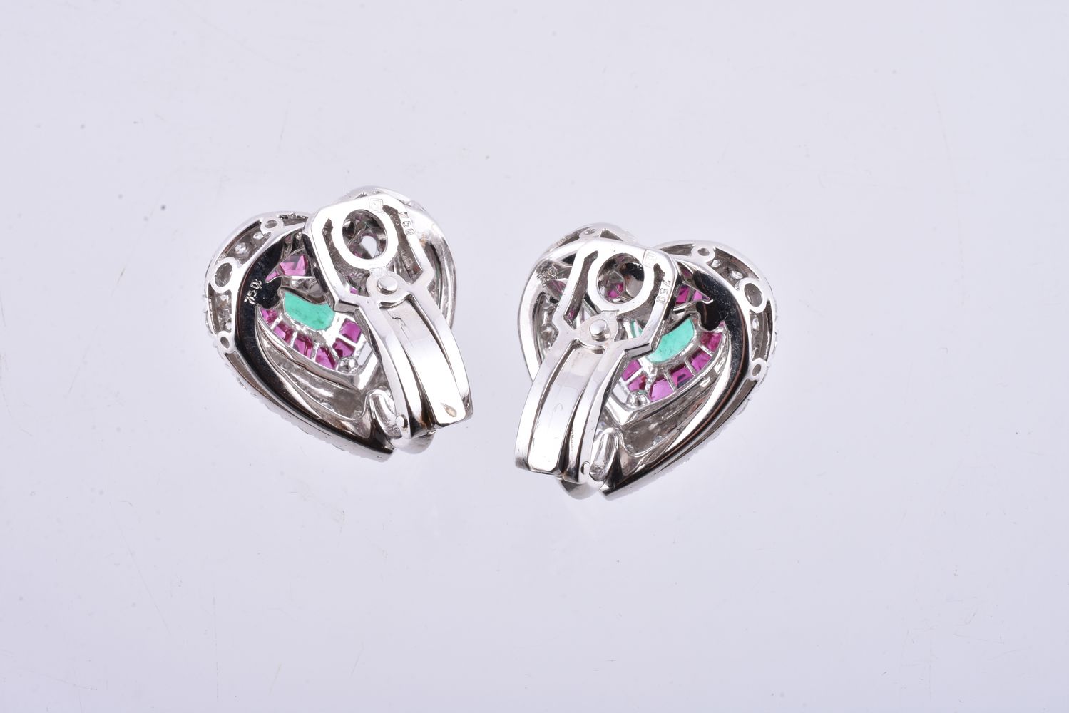 A pair of emerald, ruby and diamond heart earrings - Image 2 of 2