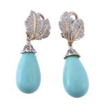 A pair of turquoise and diamond earrings