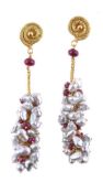 A pair of freshwater cultured pearl and ruby earrings by Natalia Josca