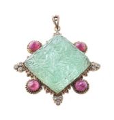 A carved emerald, pink tourmaline and diamond pendant