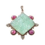 A carved emerald, pink tourmaline and diamond pendant