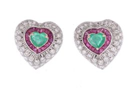 A pair of emerald, ruby and diamond heart earrings
