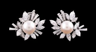 A pair of 1950s cultured pearl and diamond stylised cluster earrings