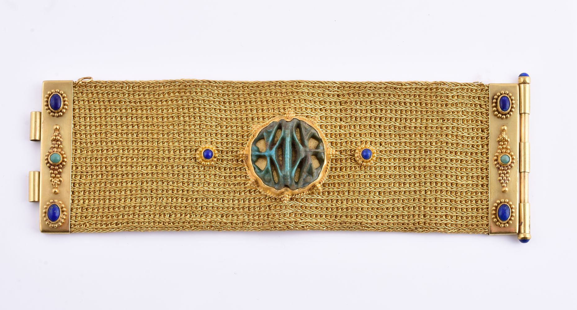 A woven gold, faience, lapis lazuli and turquoise bracelet by Natalia Josca