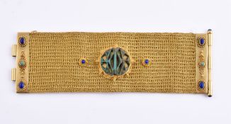 A woven gold, faience, lapis lazuli and turquoise bracelet by Natalia Josca