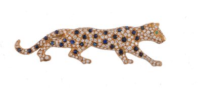 A diamond and sapphire leopard brooch