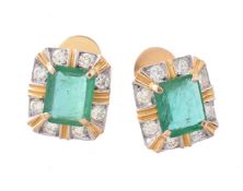 A pair of emerald and diamond cluster earrings