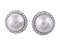 A pair of diamond and mabé pearl cluster ear clips