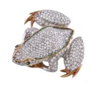 A diamond and emerald frog brooch