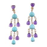 A pair of turquoise, amethyst and diamond ear pendants by Veschetti