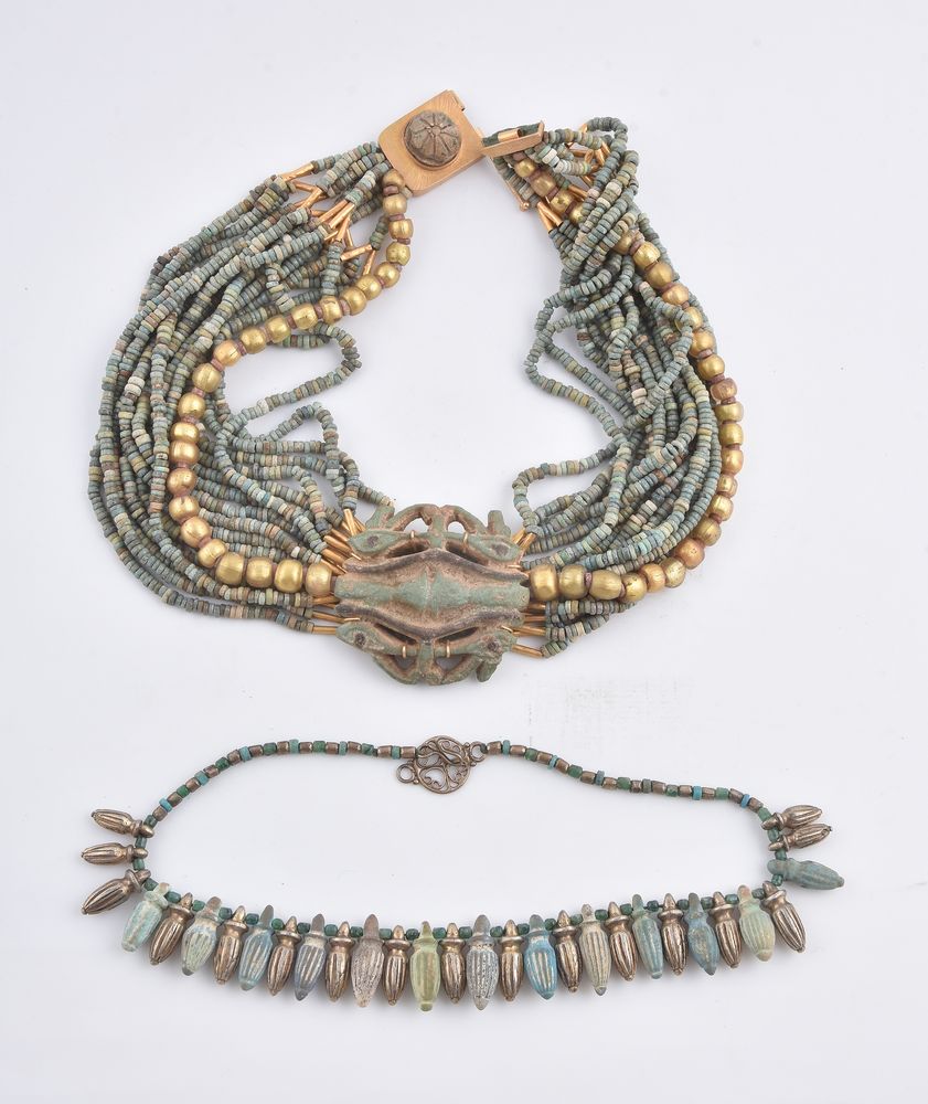 An Egyptian Revival blue faience bead collar necklace