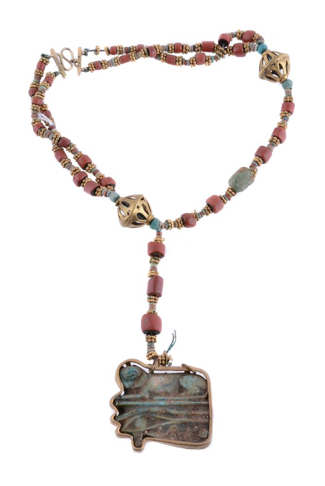 ϒ An Egyptian Revival coral and blue faience bead necklace