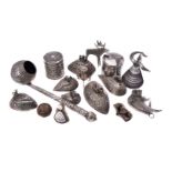 A collection of silver coloured and mounted items