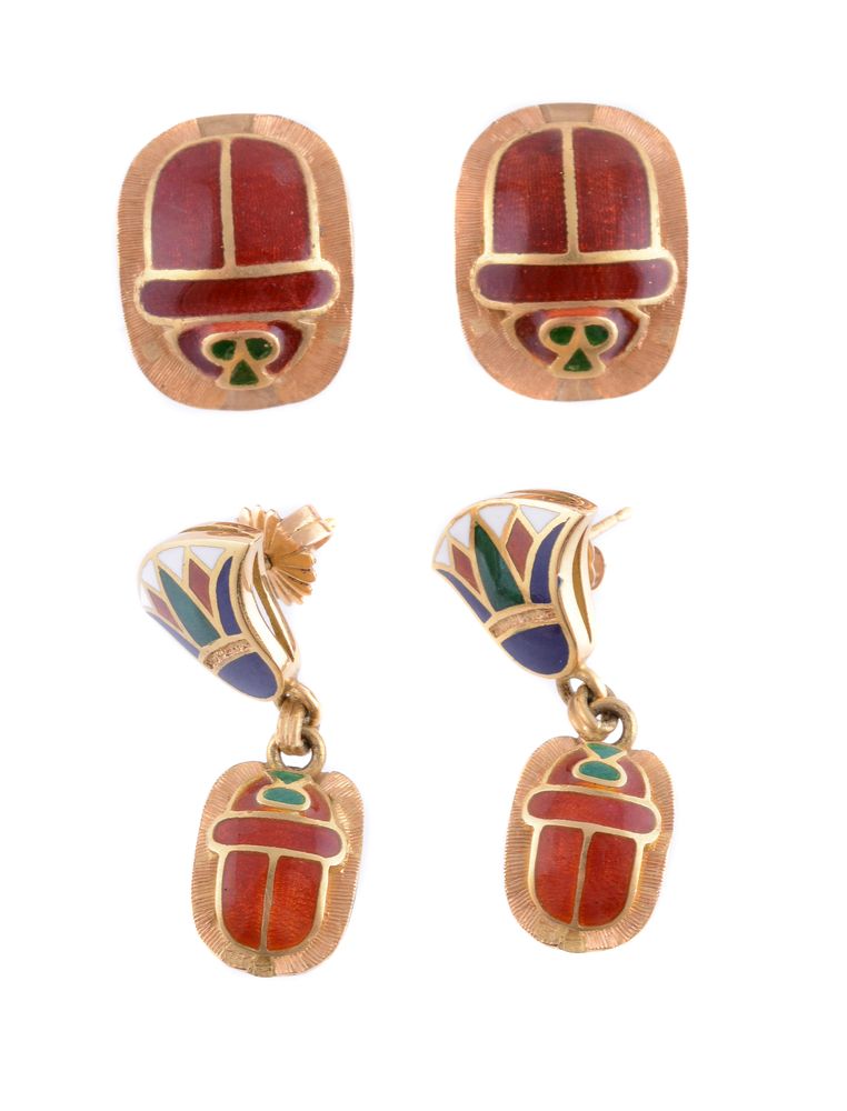 A pair of enamel scarab earrings