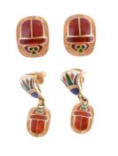 A pair of enamel scarab earrings