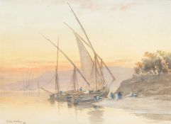 John Varley the Younger (British 1850-1933), Feluccas docked on the Nile