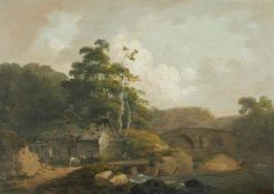 John Rathbone (British 1750-1807), Horse and cart with figures outside a cottage in a river landscap