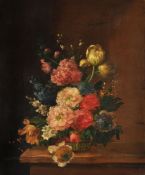 Continental School (19th century), Still life of stocks, carnations and tulips in a basket