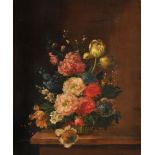 Continental School (19th century), Still life of stocks, carnations and tulips in a basket