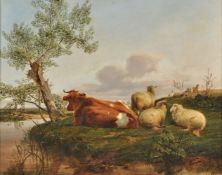 Follower of Thomas Sidney Cooper, Cattle and sheep resting beside a river
