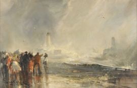 Frank Wasley (British 1854-1934), Crowds gather with stormy seas and lighthouse beyond