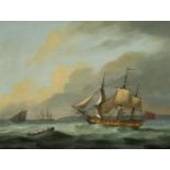 Follower of Thomas Luny, Seascape with a merchant man in a frigate and a jolly boat