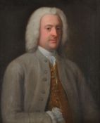 British School (18th century), Portrait of a gentleman wearing a grey jacket and gold embroidered tu