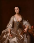 Attributed to Thomas Bardwell (British 1704-1767), Portrait of a lady in white, seated, holding a bo
