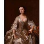 Attributed to Thomas Bardwell (British 1704-1767), Portrait of a lady in white, seated, holding a bo