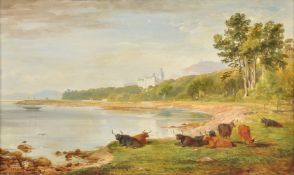 James William Giles (Scottish 1801-1870), A view of Dunrobin castle with longhorns resting in the fo