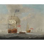 Attributed to Peter Monamy (British 1681-1749), A ship of the line with other vessels at sea, a sail