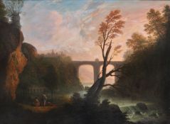 Manner of Claude Lorrain , Landscape with aquaduct and sunset