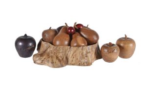 A collection of nine turned wood models of fruit