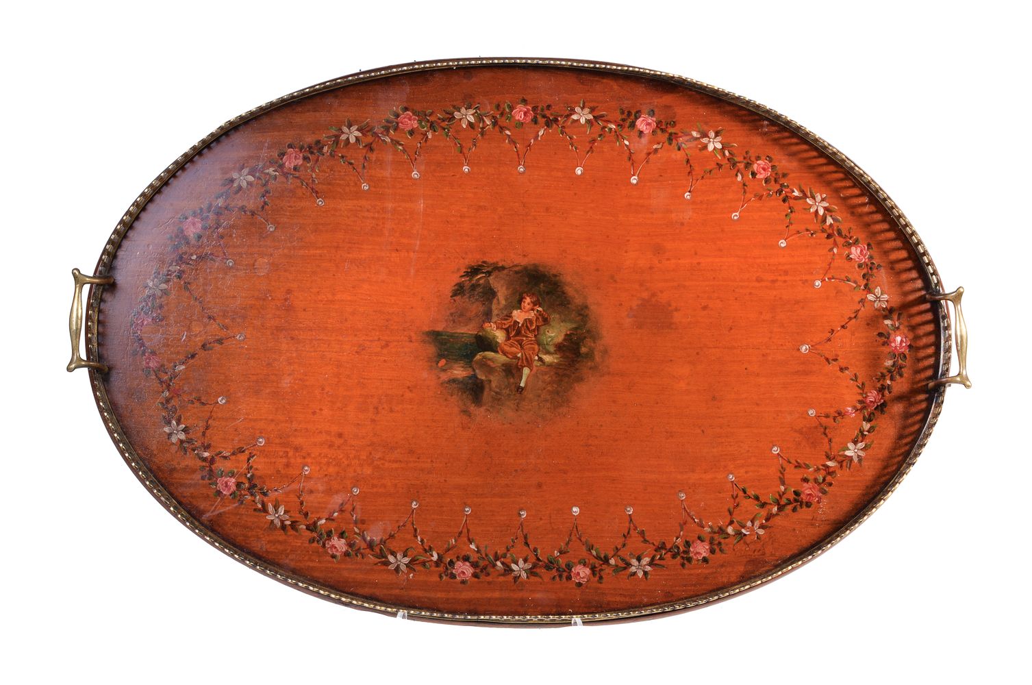 A gilt metal mounted and polychrome painted satinwood twin handled tray