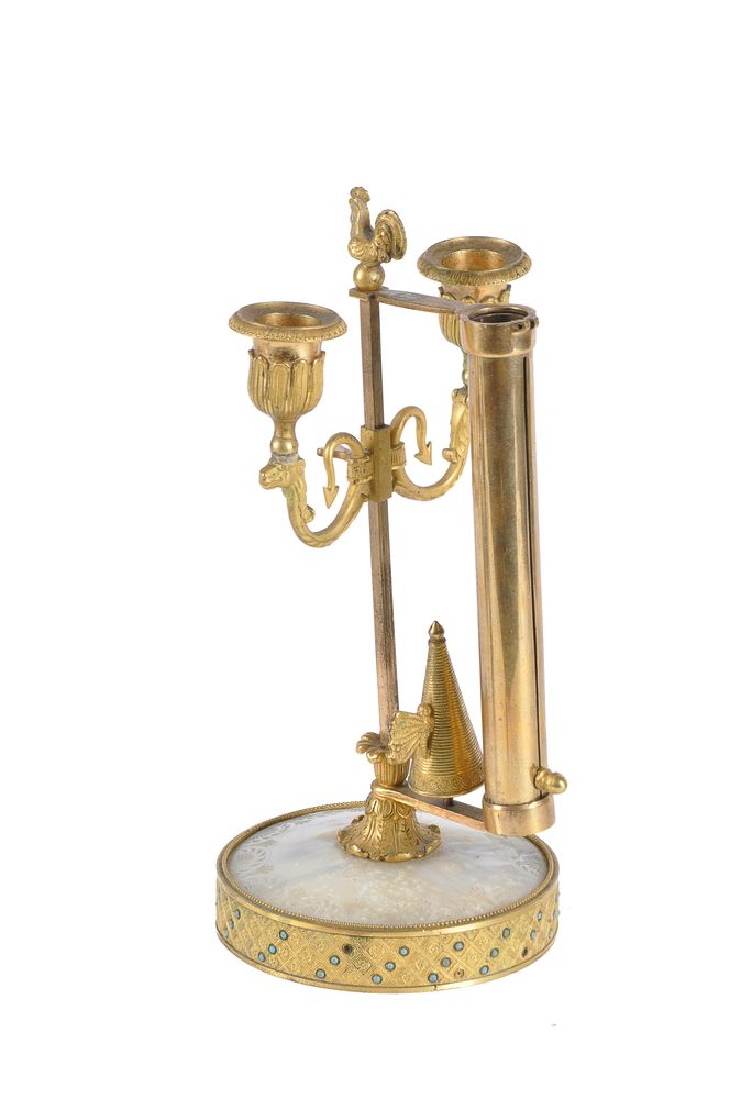 An Empire Palais-Royal ormolu and mother-of-pearl mounted twin light candelabrum - Image 2 of 2