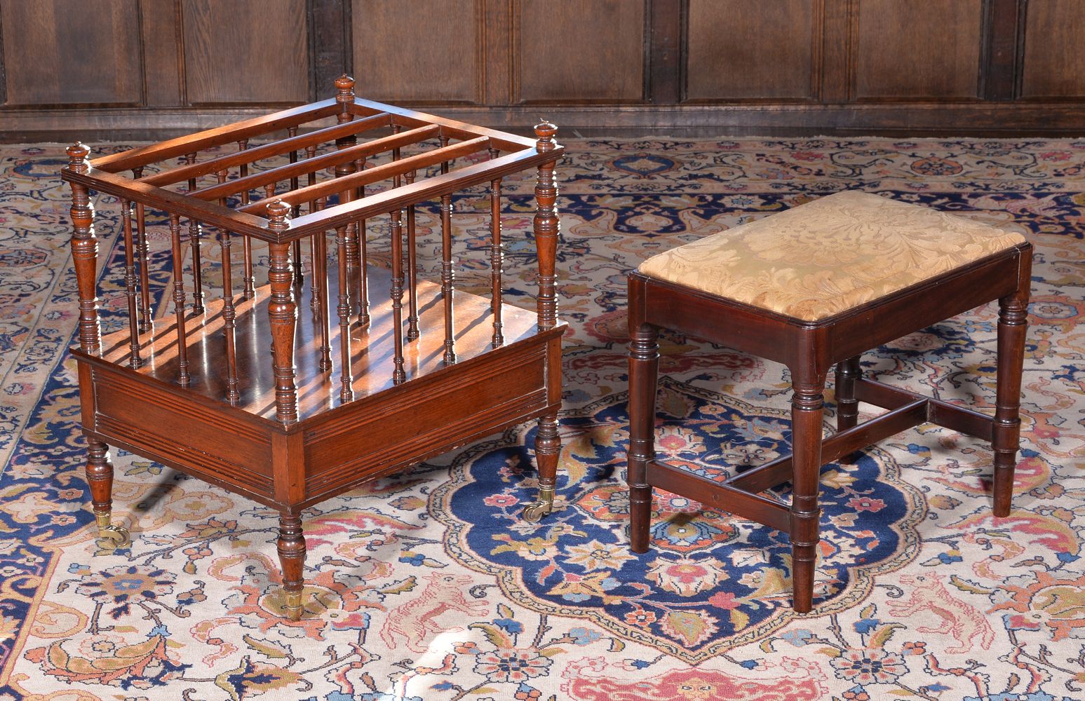 A George IV mahogany stool, together with a Victorian walnut Canterbury