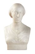 John Adams-Acton (British, 1830-1910), a Victorian sculpted white marble bust of a lady wearing a ca